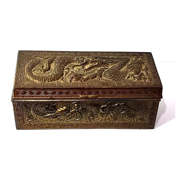 ANTIQUE JAPANESE Dragon Repousse METAL STAMPS BOX JAPAN POSTAGE DESKTOP - Picture 4 of 13